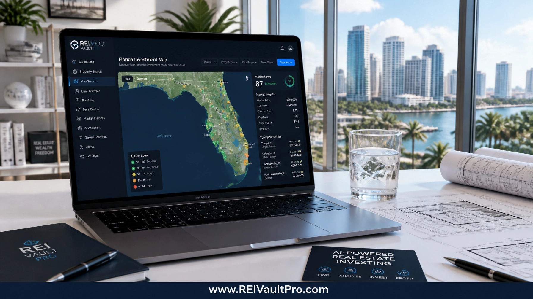 Professional workspace showing Florida real estate market data and REI Vault Pro platform