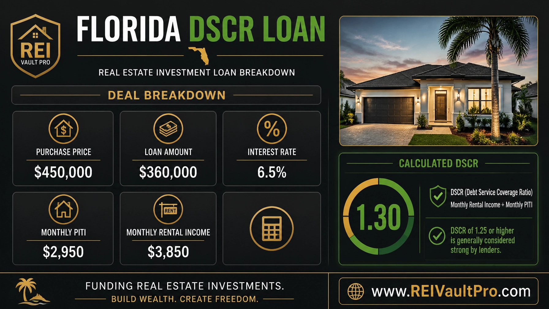 Florida DSCR loan deal breakdown and financial calculation infographic