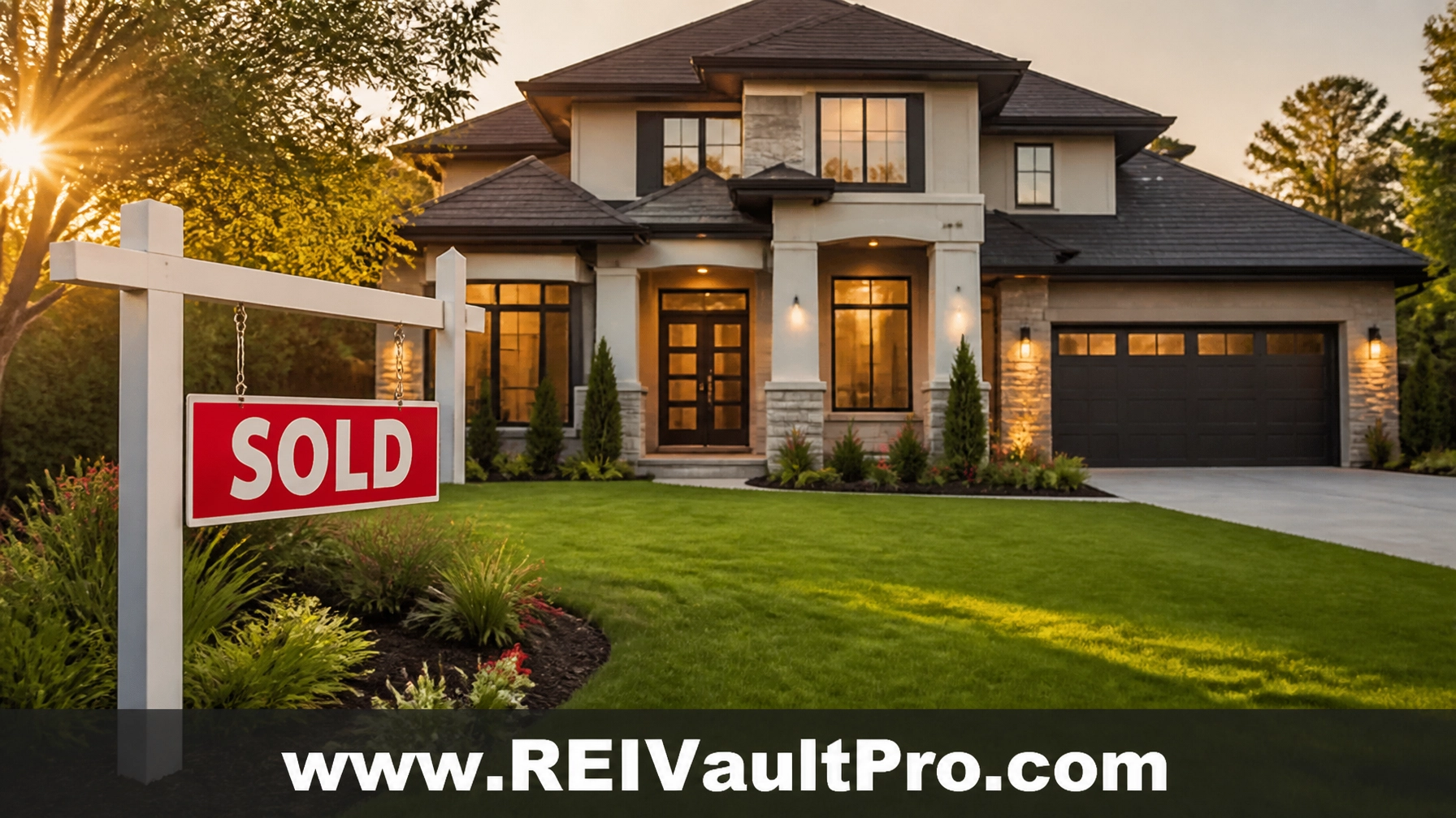 Modern suburban house with a SOLD sign and the URL www.REIVaultPro.com