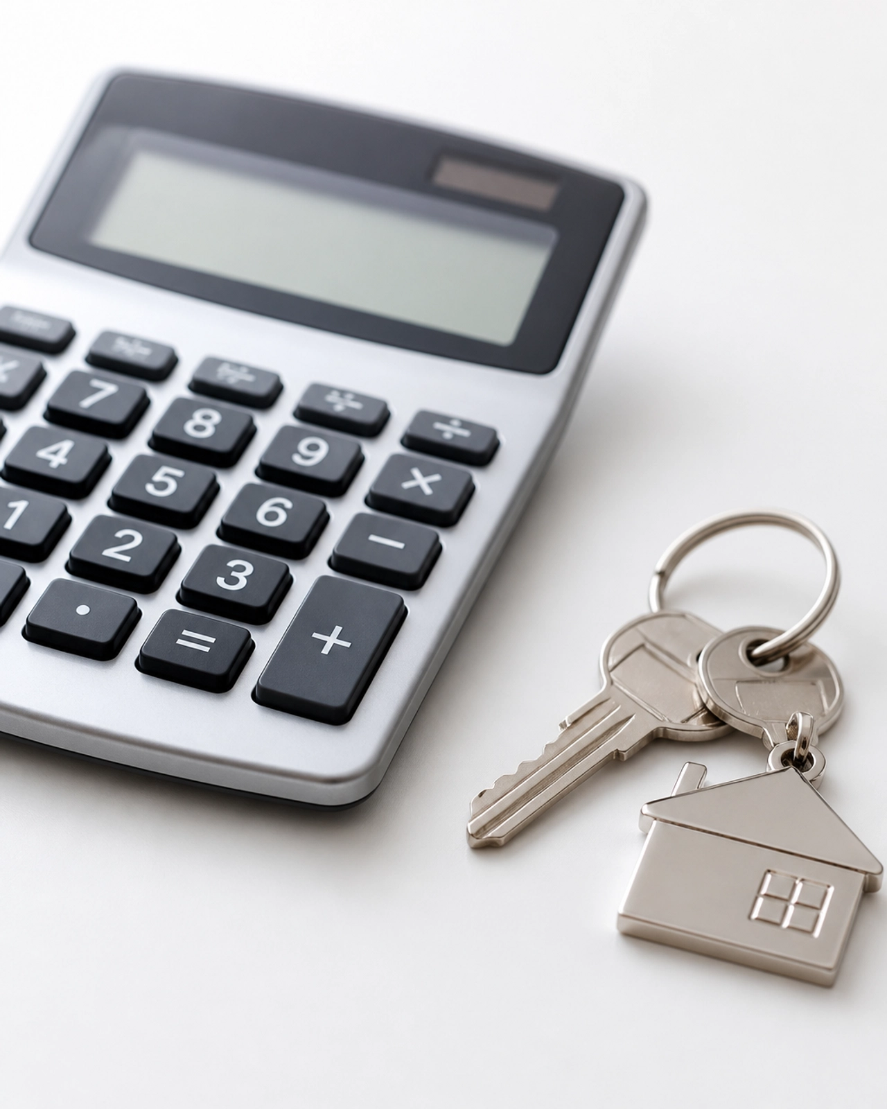 Financial calculator and house keys on a white surface