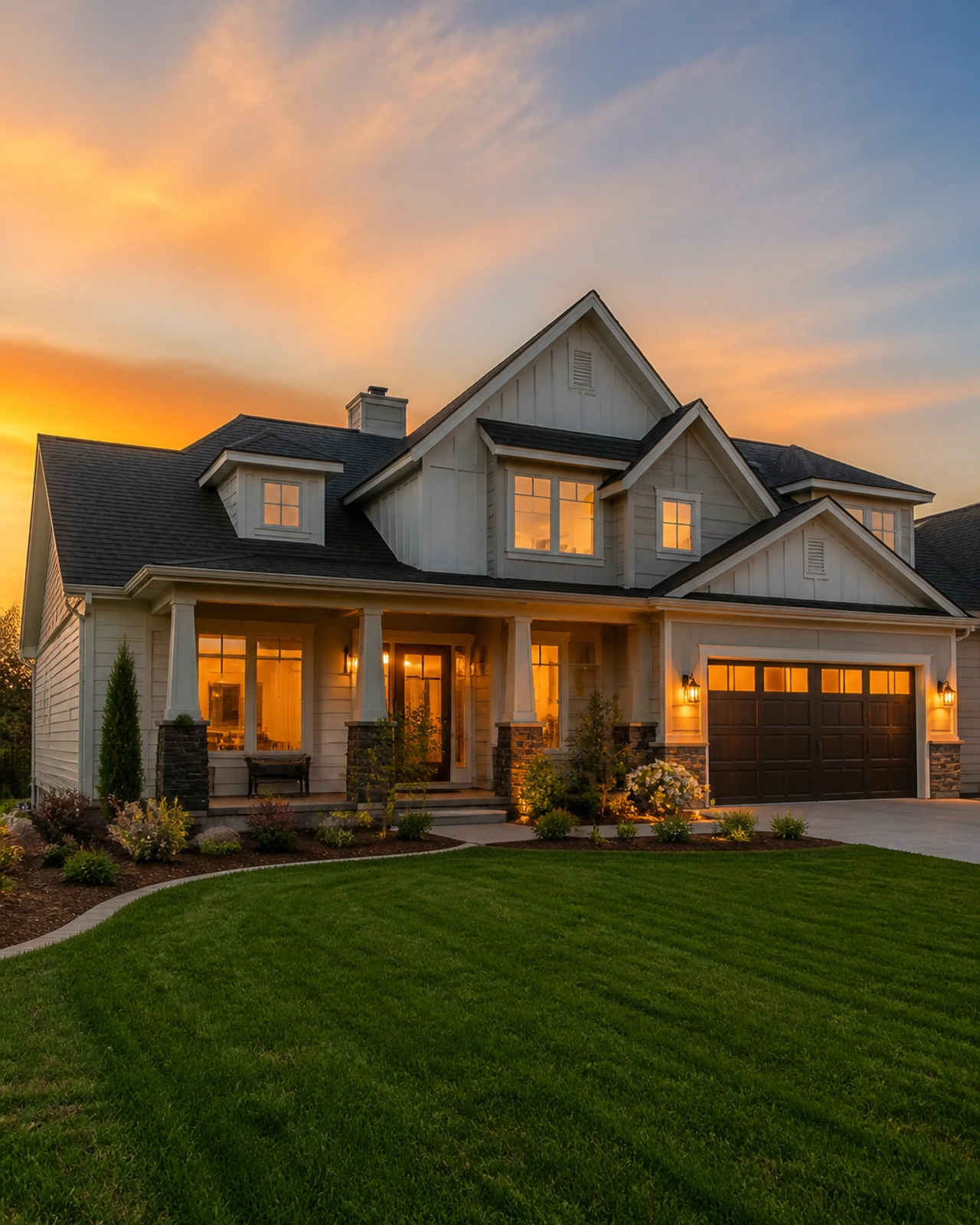 Modern suburban house at sunset representing successful investment