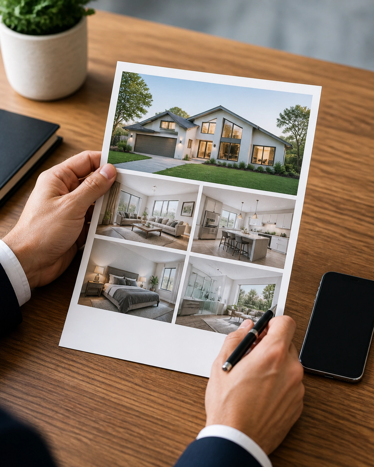 Real estate professional holding property flyers and a pen