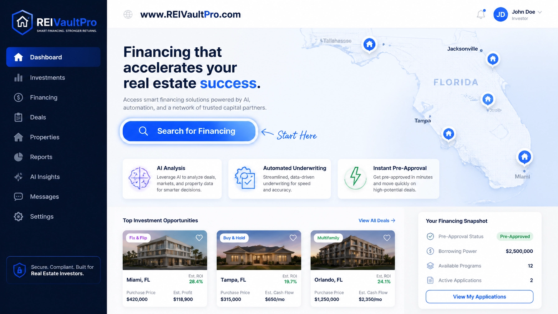 Illustration of a digital real estate investment platform interface for automated financing search