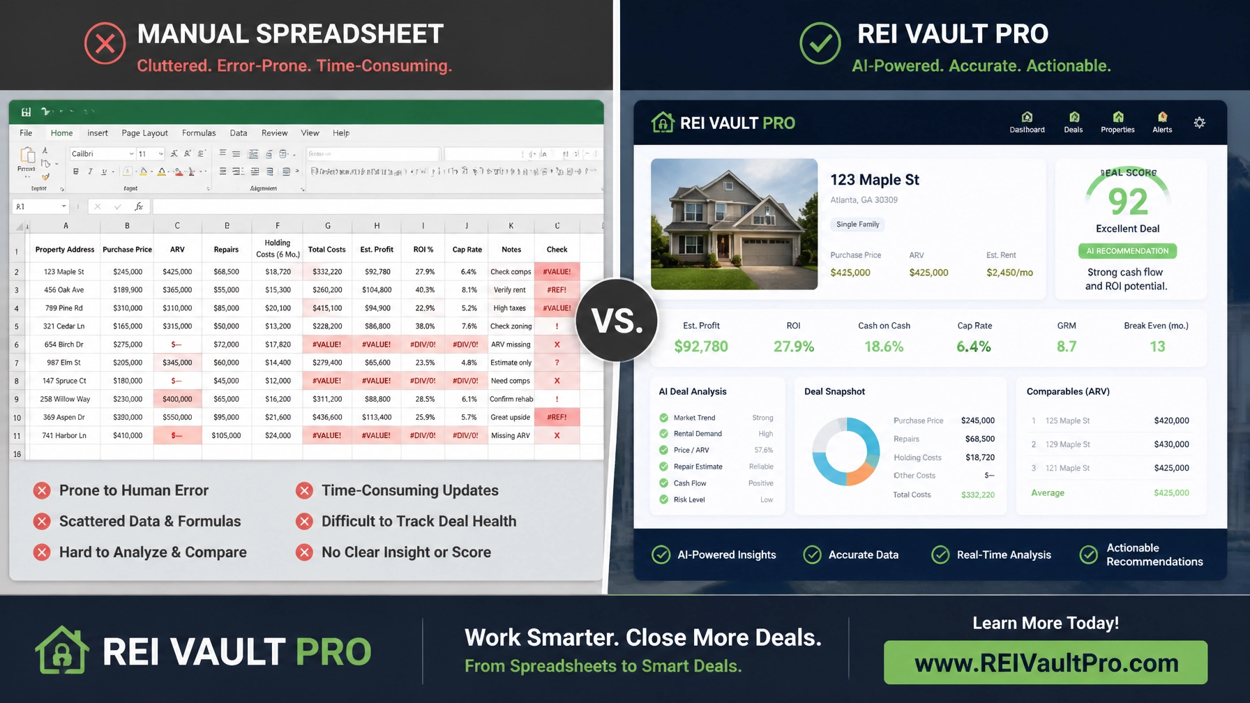A professional comparison between a cluttered, error-prone manual spreadsheet and a clean, AI-powered real estate dashboard.