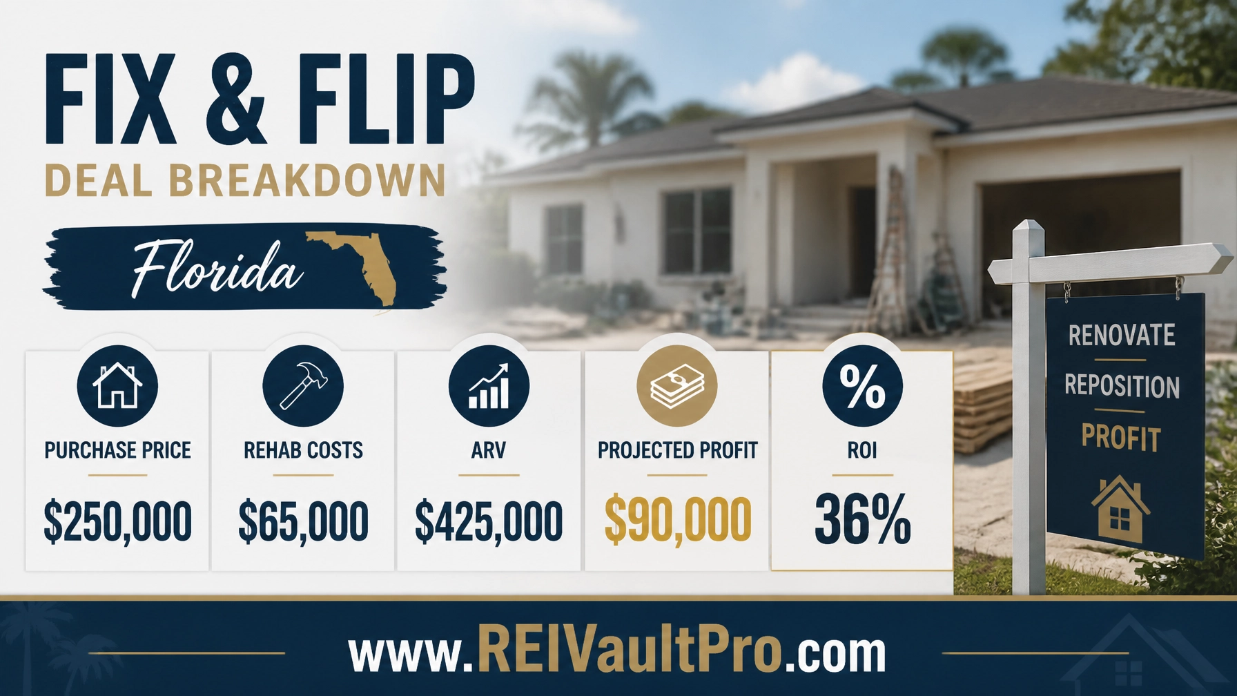 A professional financial deal breakdown graphic for a real estate fix-and-flip investment in Florida showing purchase price, rehab costs, ARV, and profit.