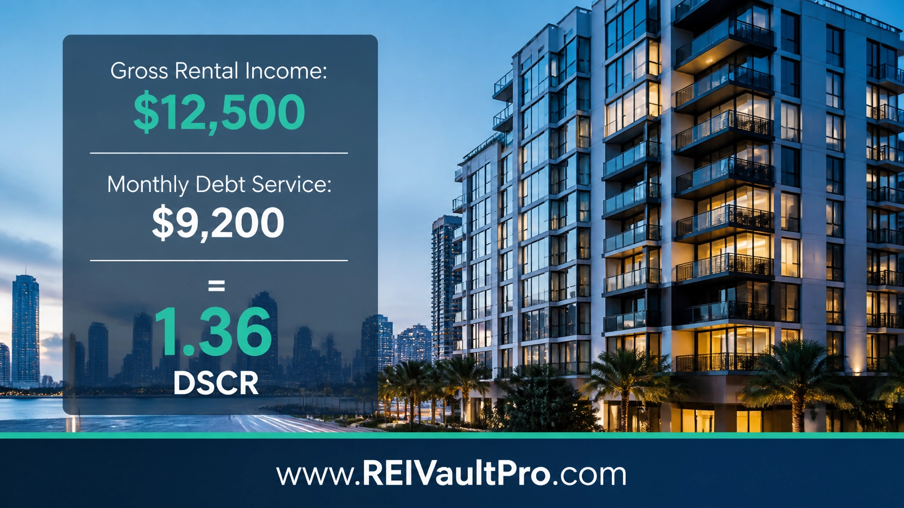 DSCR calculation example overlaying a metropolitan apartment building.