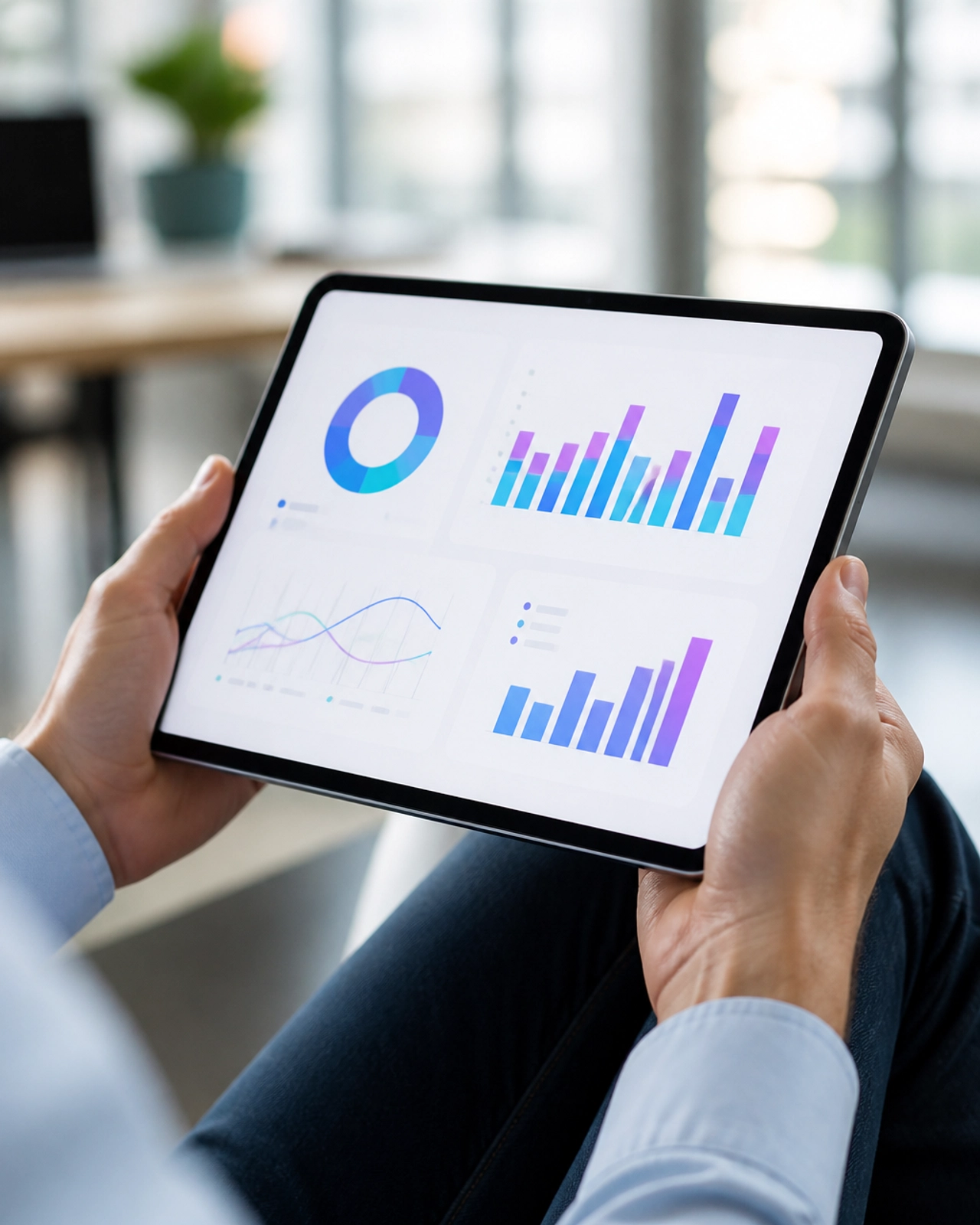 A person's hands holding a modern tablet displaying clean minimalist data visualizations and charts.
