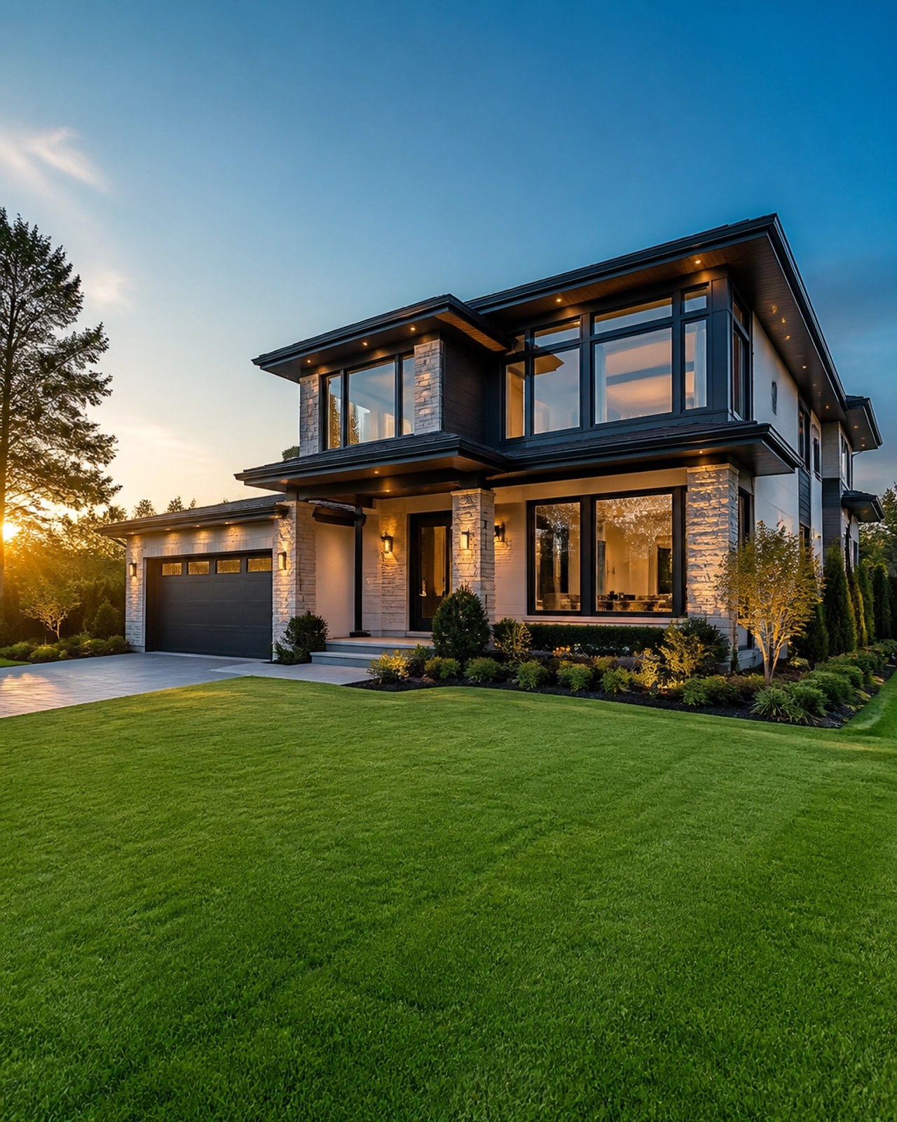 A beautiful modern single-family home during the golden hour, representing a successful real estate investment.