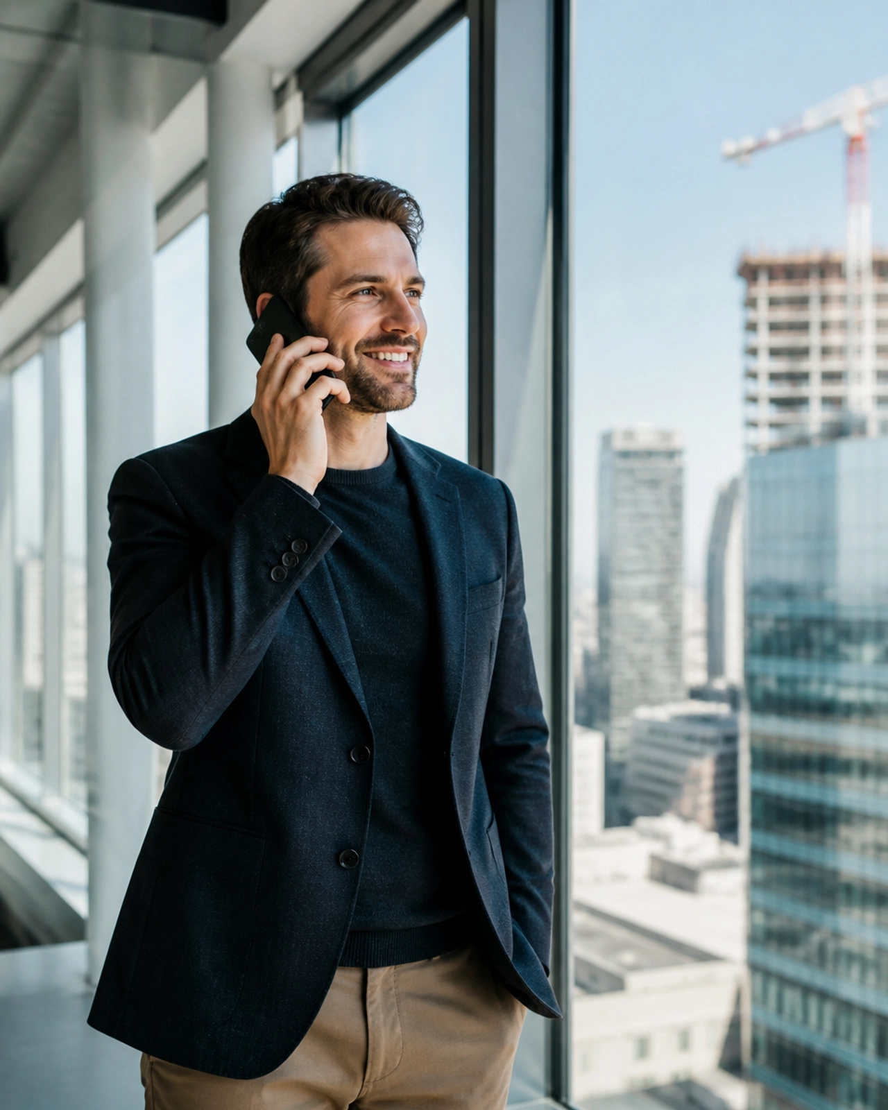 A professional real estate investor talking confidently on a smartphone in a bright, modern architectural setting.