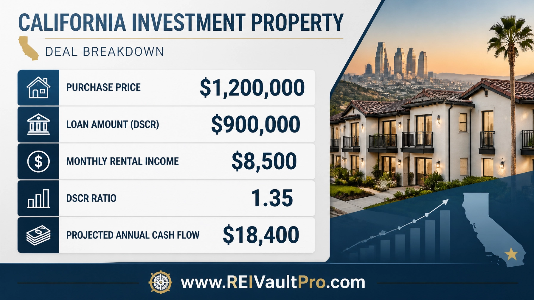 Financial deal breakdown for a California investment property.