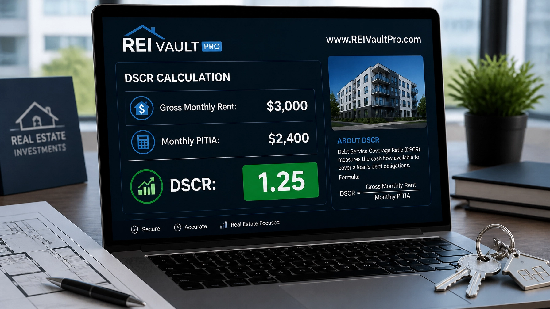 Financial dashboard showing a DSCR calculation of 1.25 for an Atlanta property