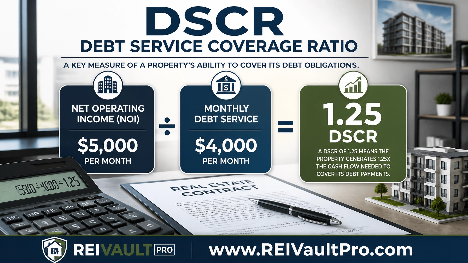 DSCR calculation graphic showing NOI and Debt Service