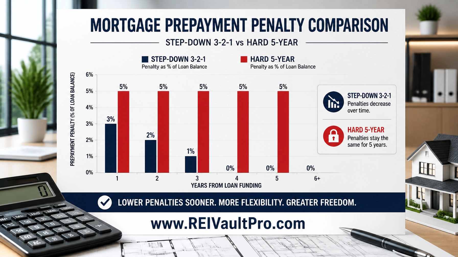 Chart comparing different prepayment penalty structures like 3-2-1 step-down vs 5-year hard.