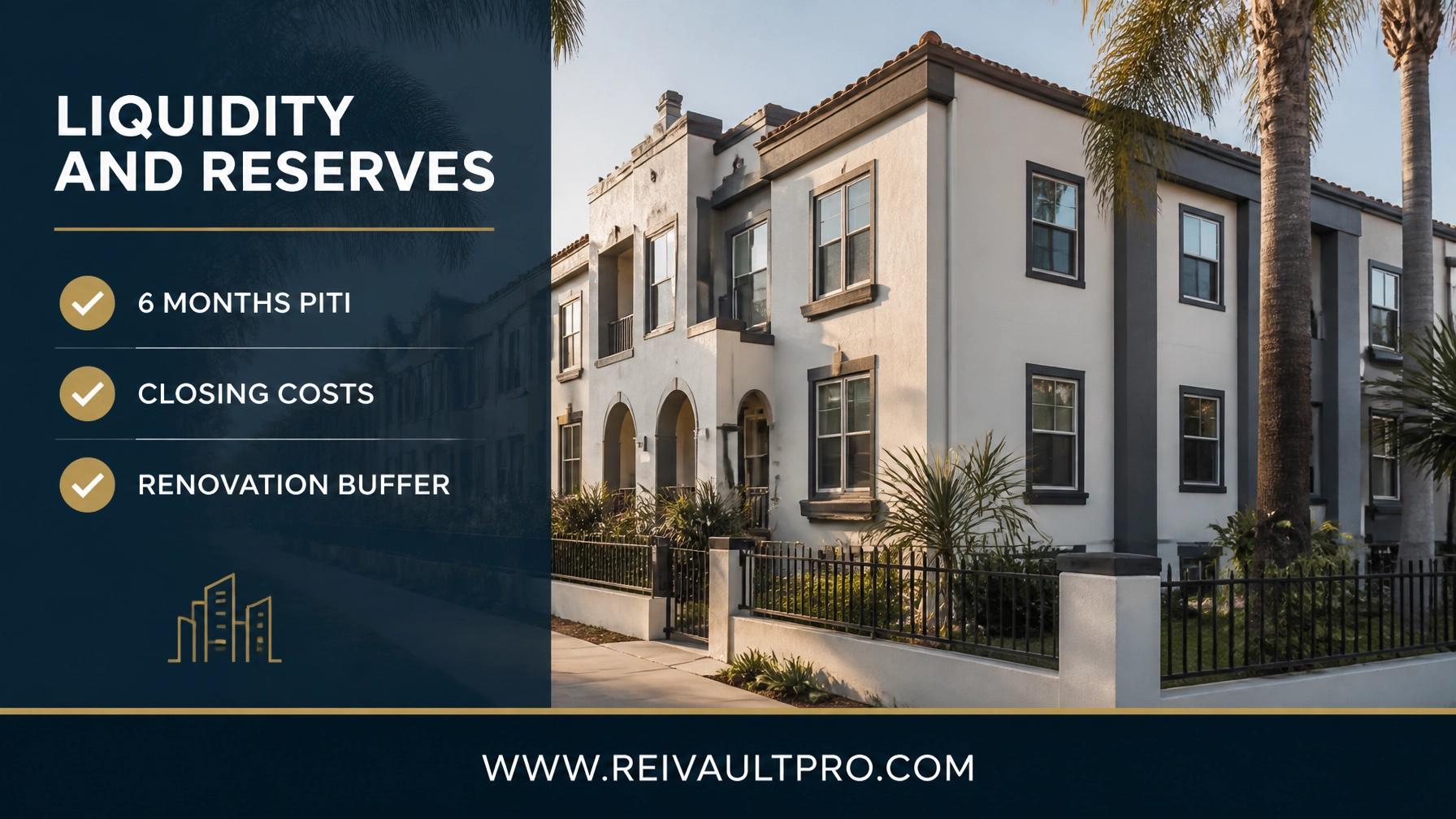 Checklist for liquidity and reserves featuring a California multi-unit property.