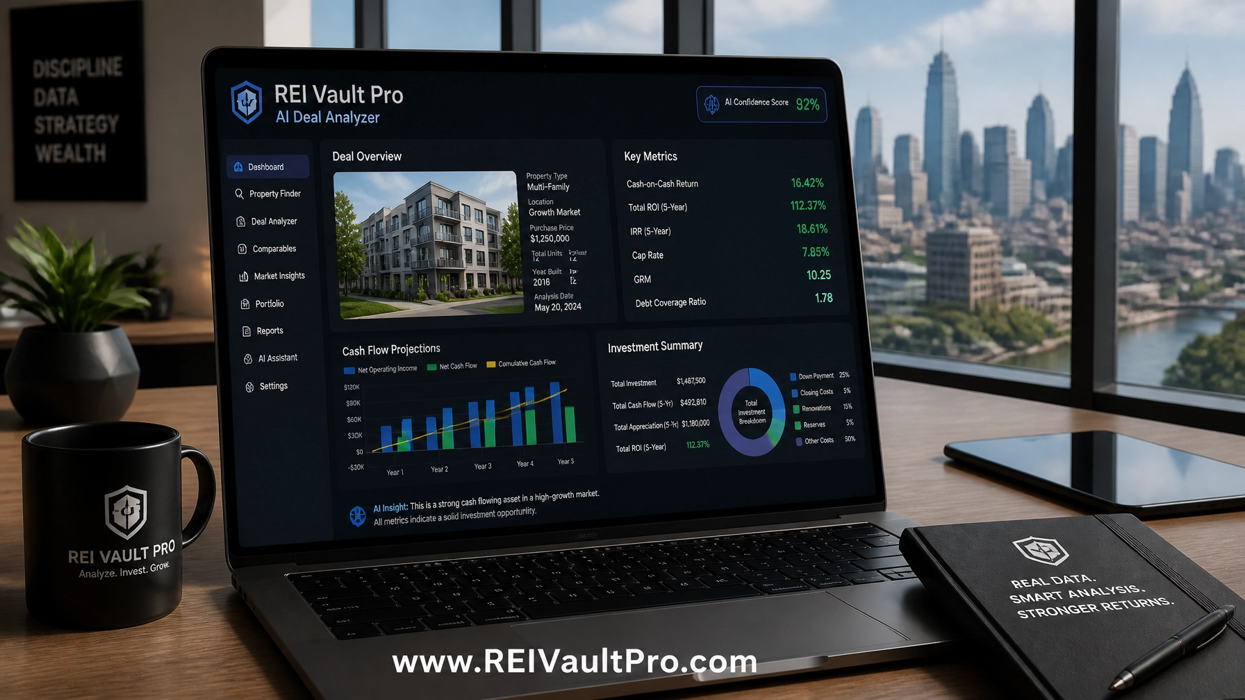 Modern workspace showing REI Vault Pro AI Deal Analyzer software on a laptop