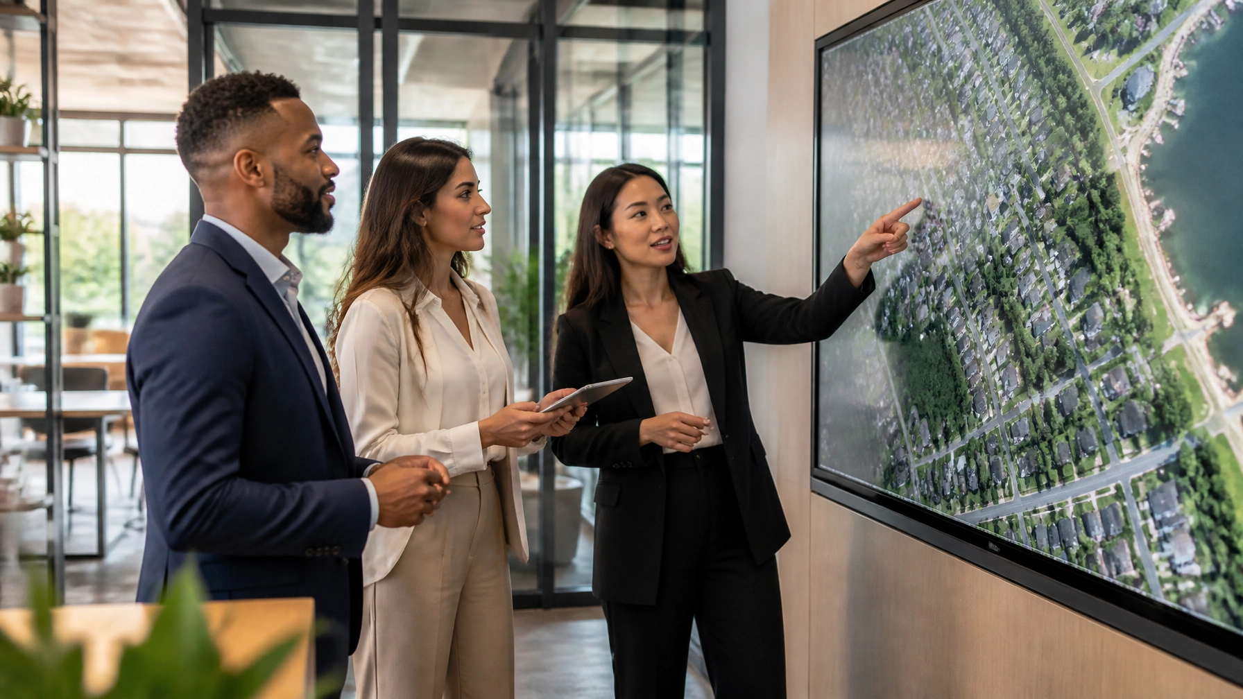 Investors collaborating on a deal analysis in a modern office