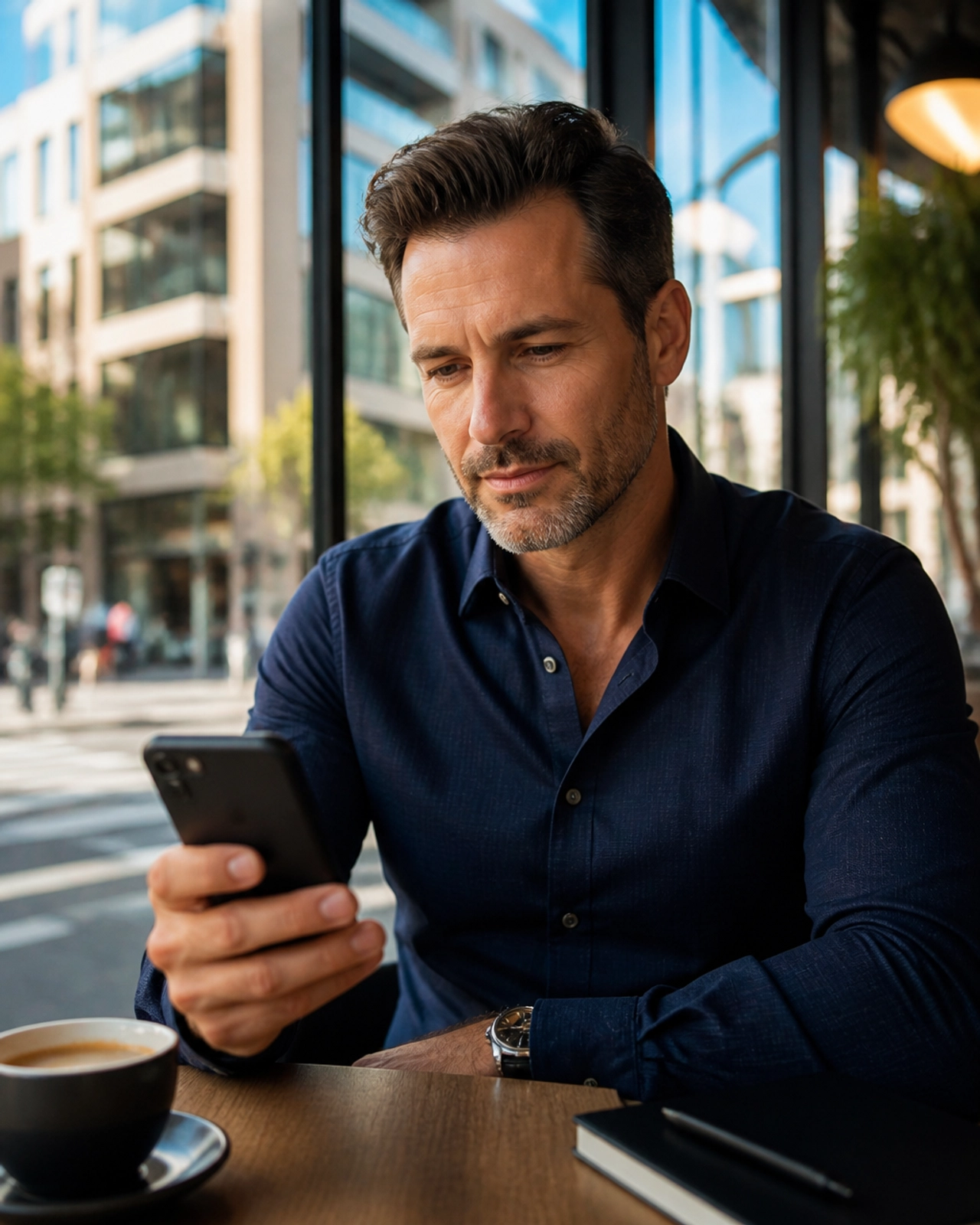 Focused real estate investor analyzing a deal on his smartphone