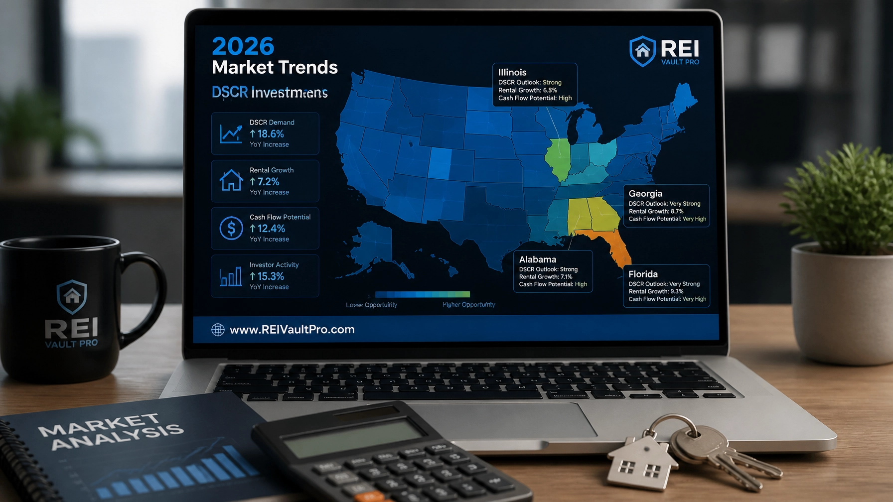 Map of the US highlighting investment opportunities in FL, GA, and IL
