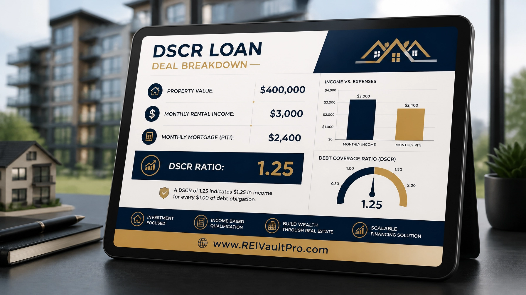 DSCR Loan Calculation breakdown graphic on a tablet