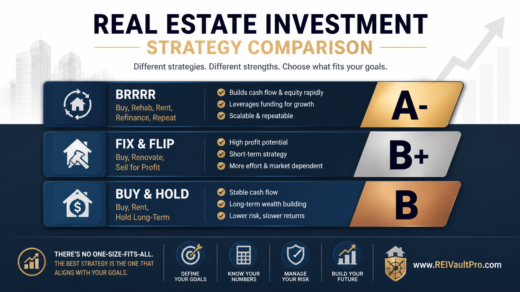 Comparison of real estate investment strategies including BRRRR, Fix and Flip, and Buy and Hold with performance grades.