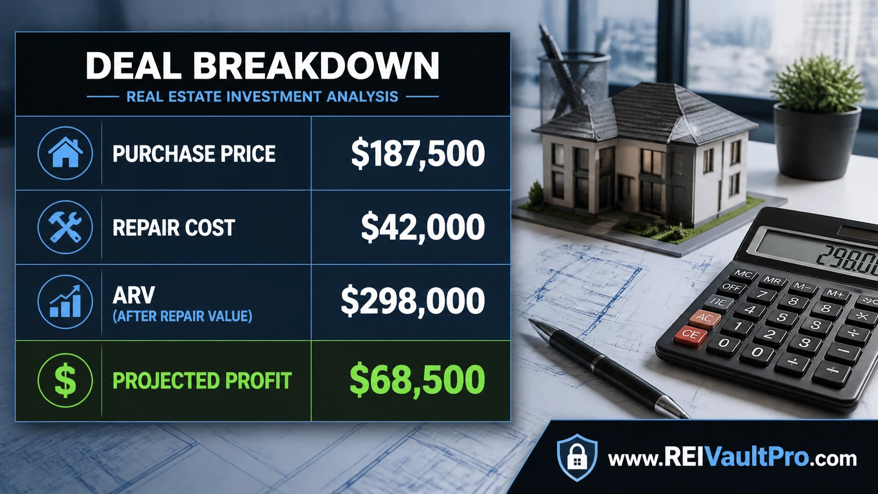 Financial deal breakdown showing purchase price, repair cost, ARV, and projected profit for a real estate investment.