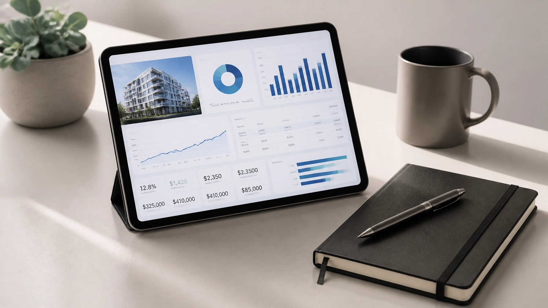 A minimalist workspace with a tablet showing property analysis metrics, representing data-driven decisions.