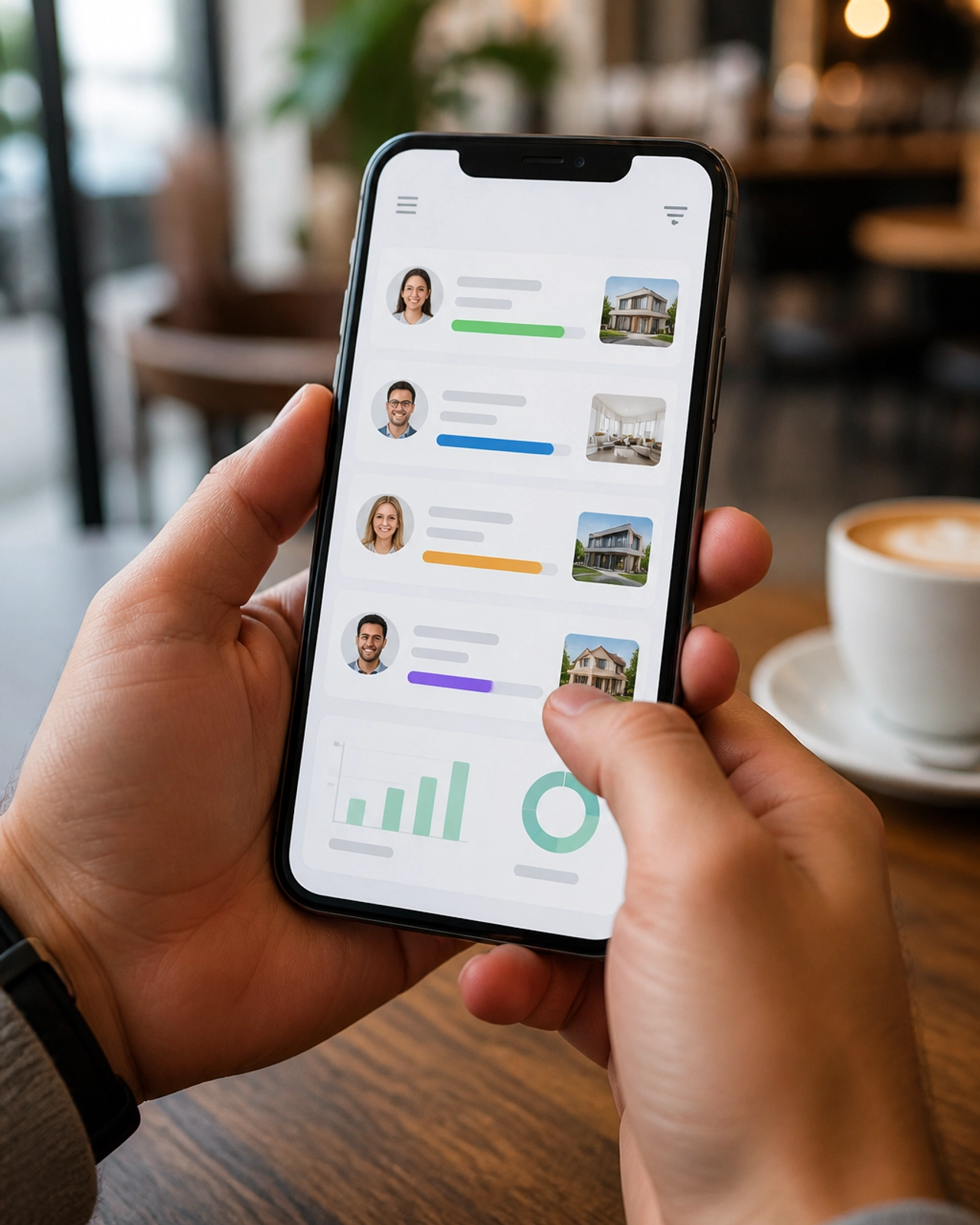 A person managing real estate deals on a smartphone, highlighting the portability and ease of the CRM.