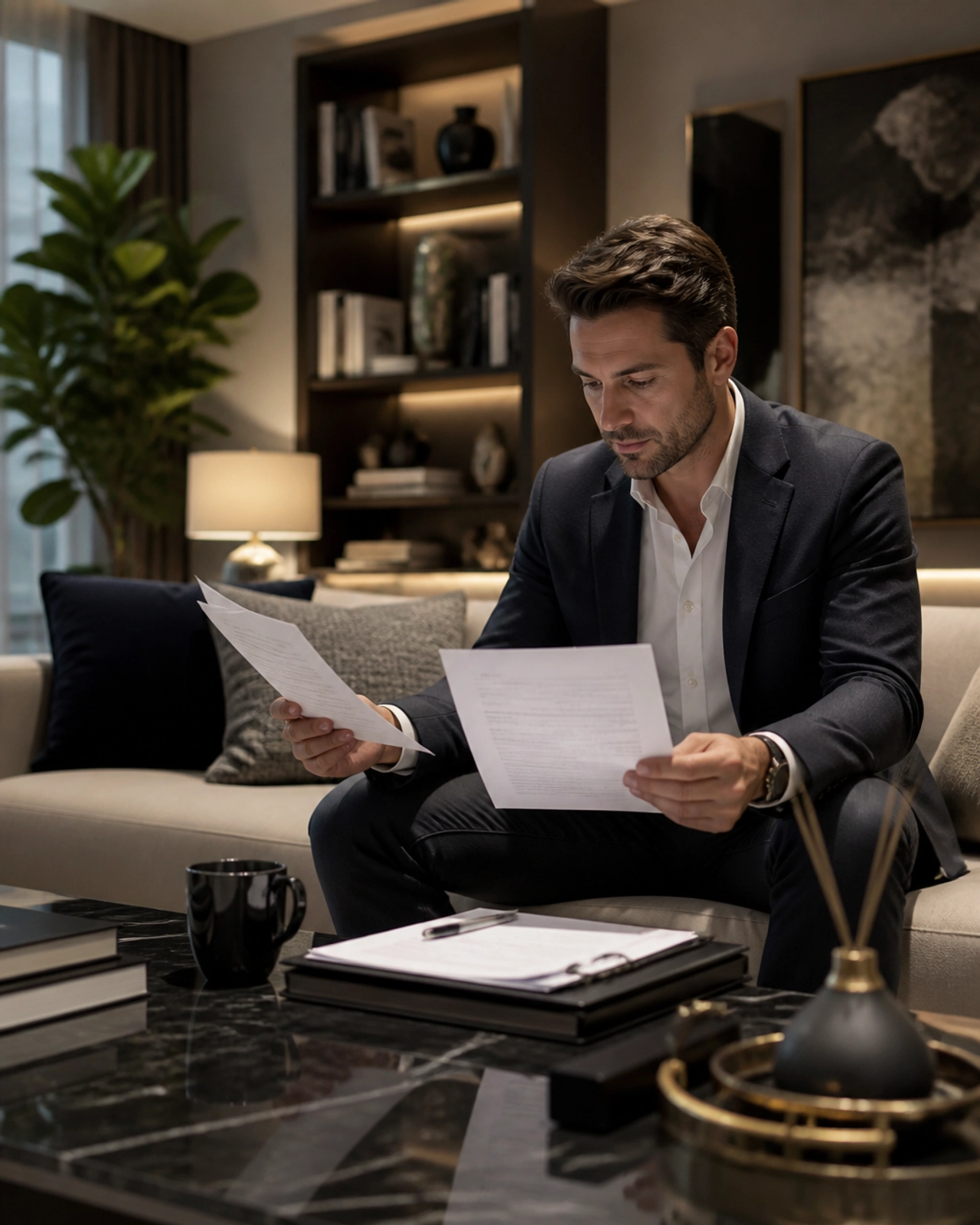 An investor reviewing property documents in a calm, professional setting, signifying the stability that comes with a system.