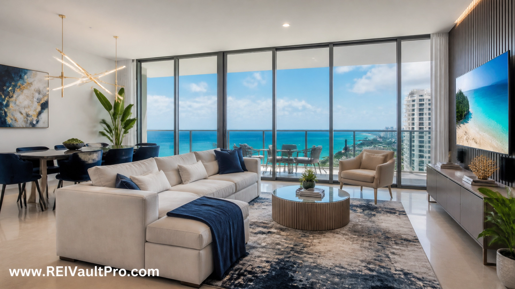 Modern interior of a newly renovated luxury condominium in Miami staged for a high-end Airbnb rental