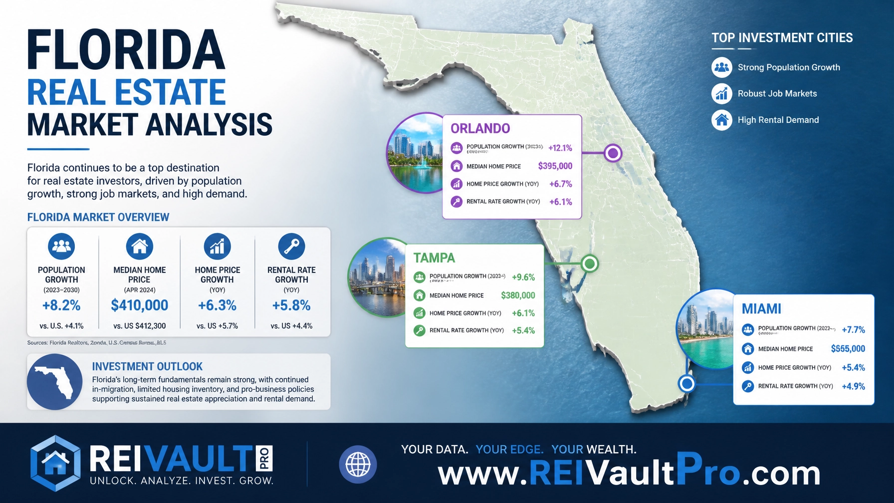 A professional real estate market analysis map of Florida highlighting key investment cities like Miami and Orlando