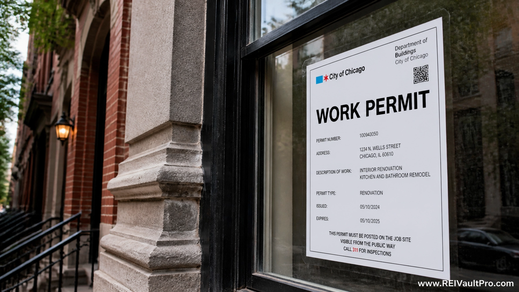 Official work permit posted on the window of a Chicago graystone building