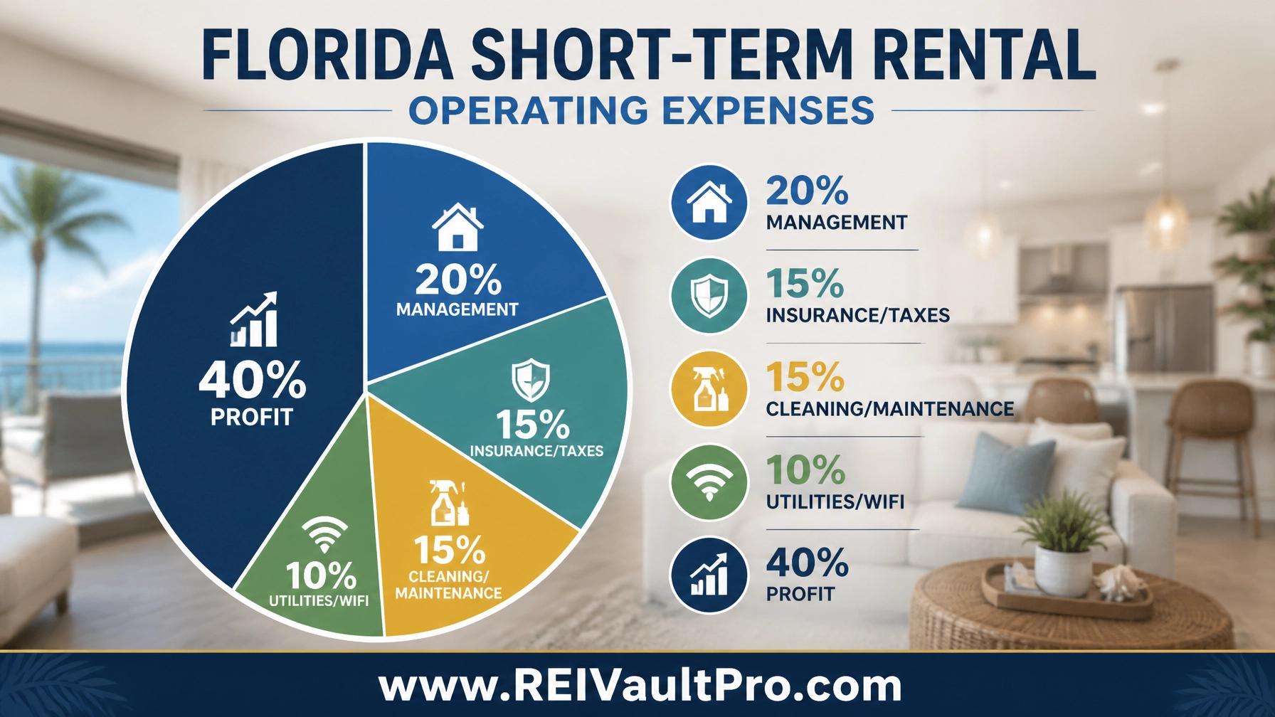 Pie chart illustrating the breakdown of operating expenses for a Florida short-term rental property, including management, insurance, and maintenance