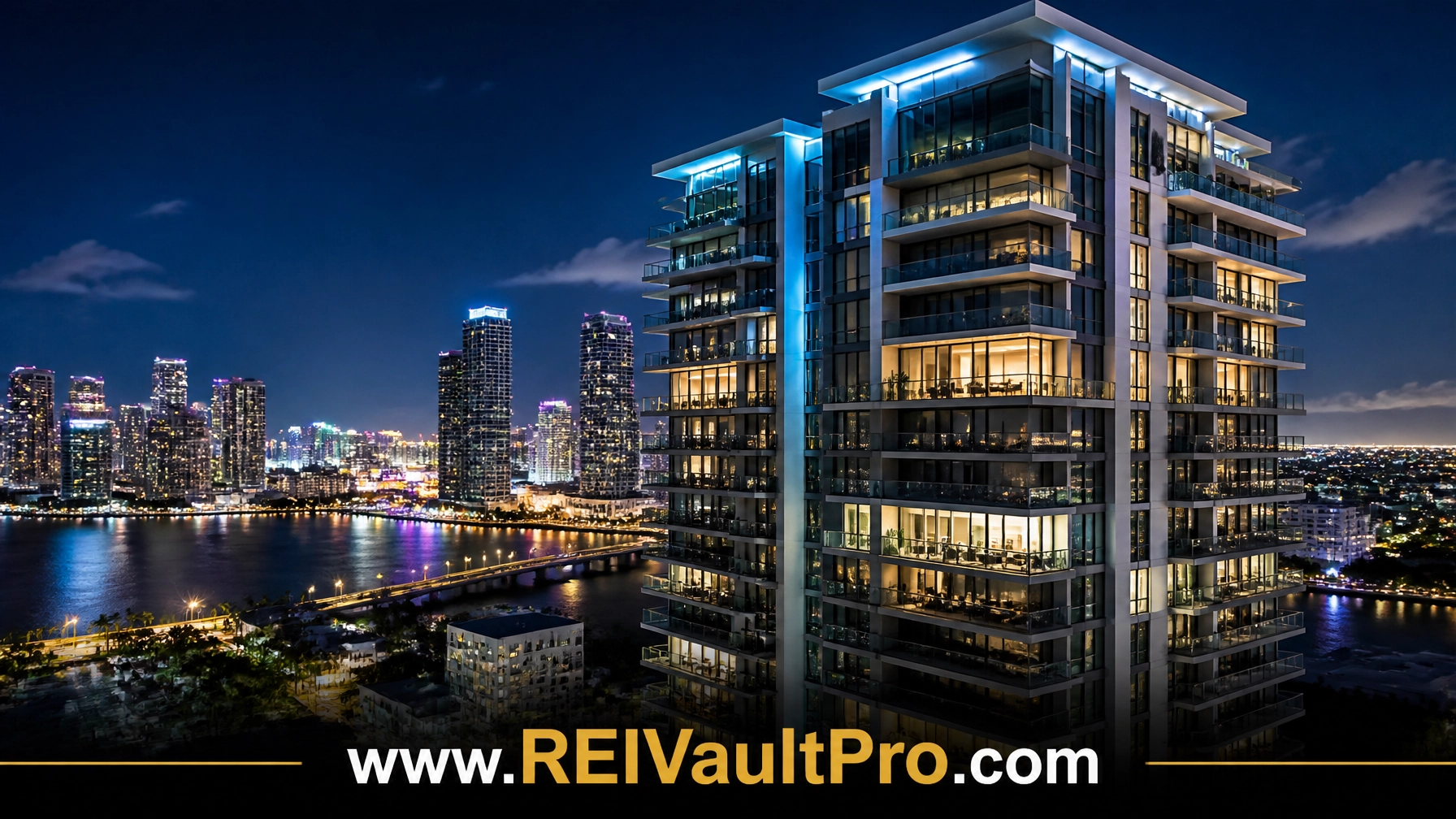 Nighttime landscape of a modern Miami condo building representing urban Airbnb investments and commercial real estate opportunities
