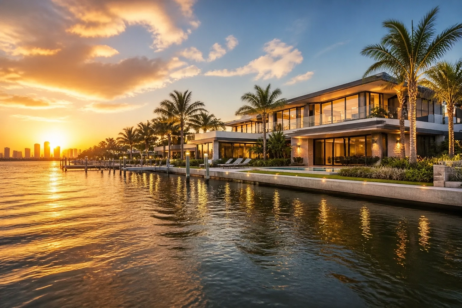 A professional wide-angle photograph of a modern luxury waterfront property in Tampa, Florida during the golden hour with tropical landscaping.