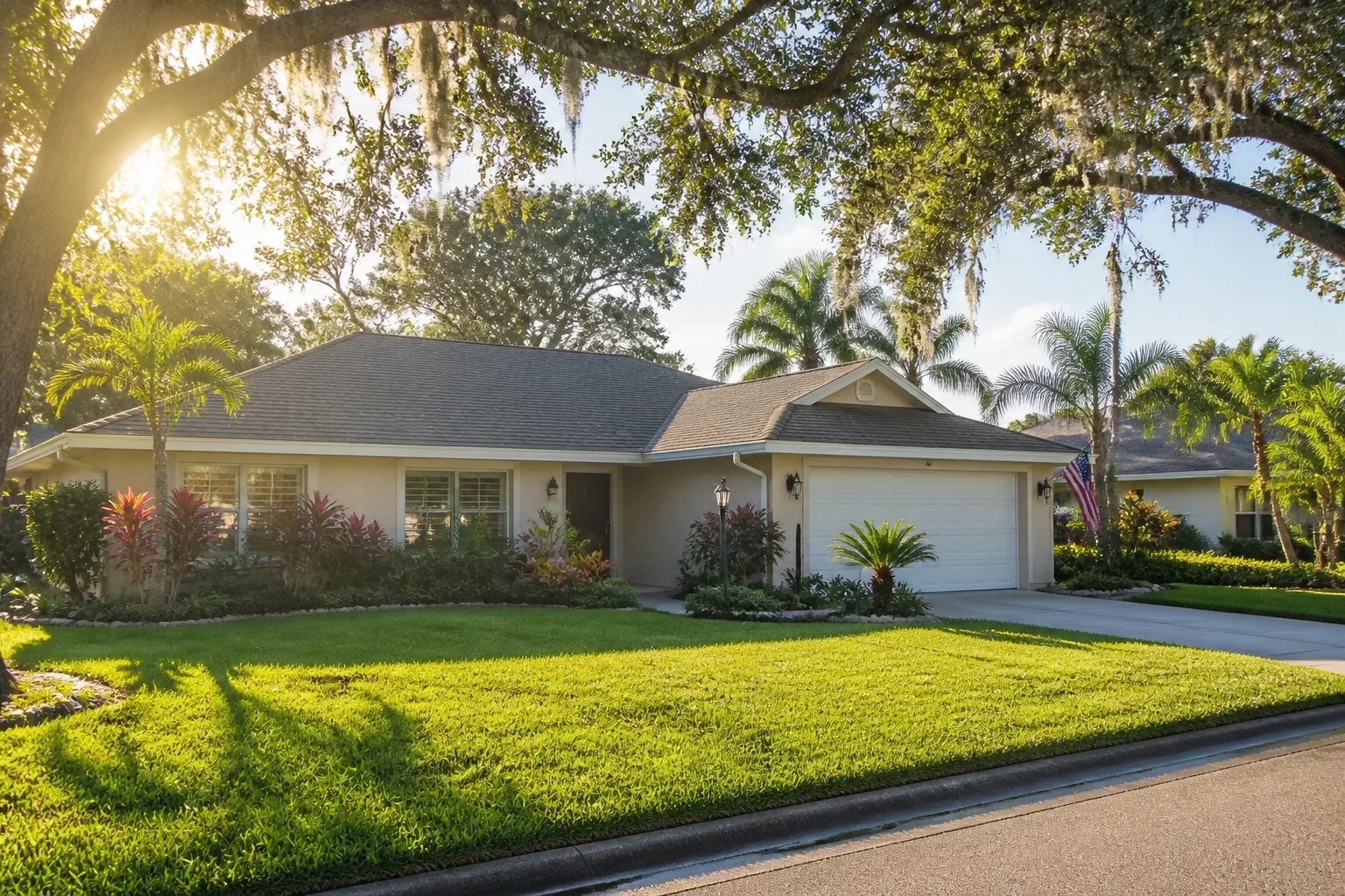 A peaceful landscape of a classic Florida ranch-style home in a quiet Tampa neighborhood with lush greenery and warm sunlight.