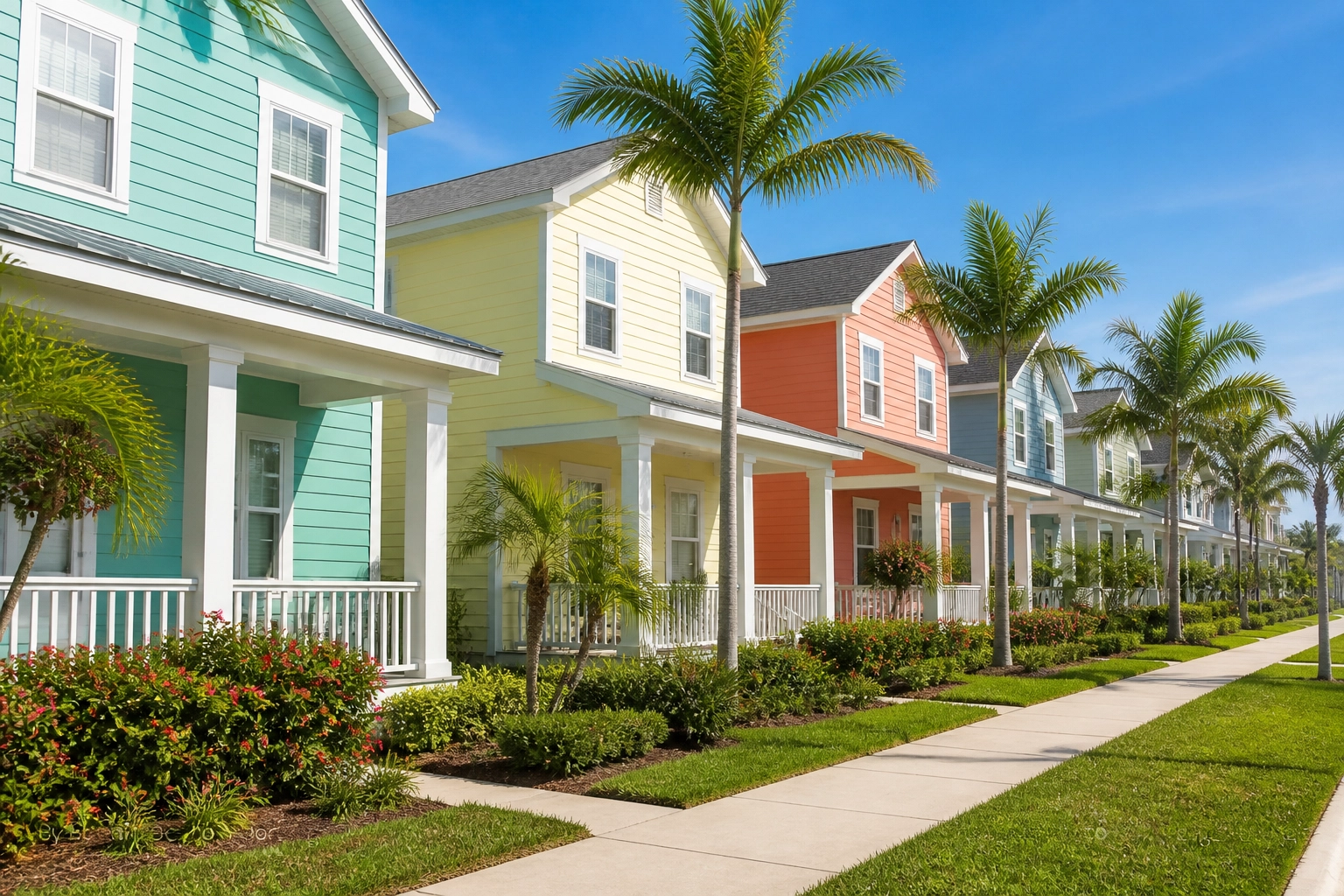 An inviting view of a row of colorful residential houses in a clean Florida community, representing a real estate portfolio.