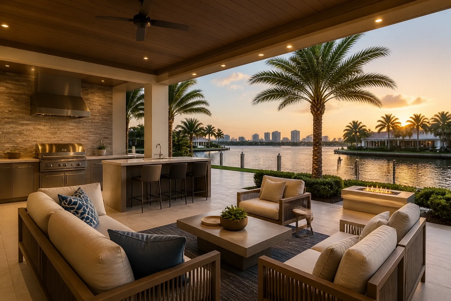 A professional architectural shot of a luxury property’s outdoor living space in Tampa, Florida, overlooking a serene waterway.