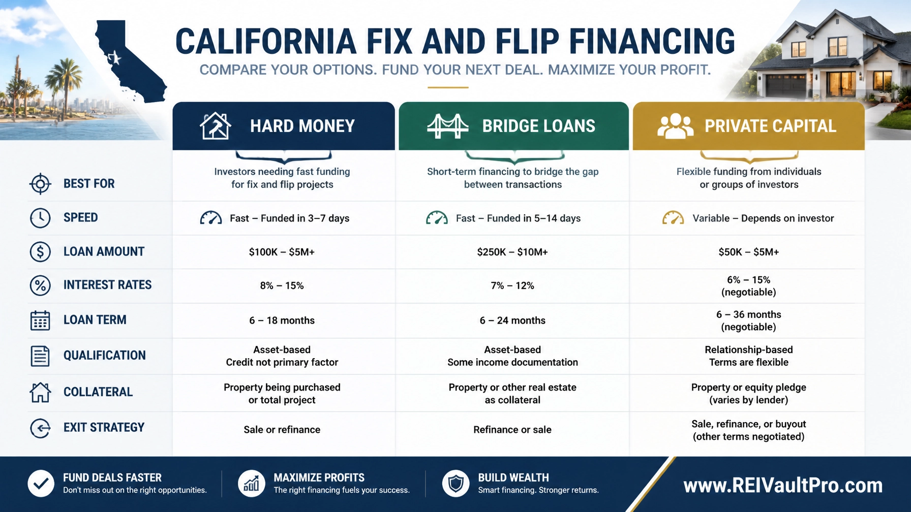 Educational infographic comparing California fix and flip financing options like Hard Money and Bridge Loans.