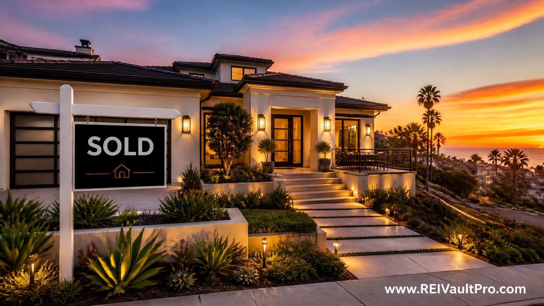 A stunning renovated luxury home in California at sunset with a Sold sign in the yard.