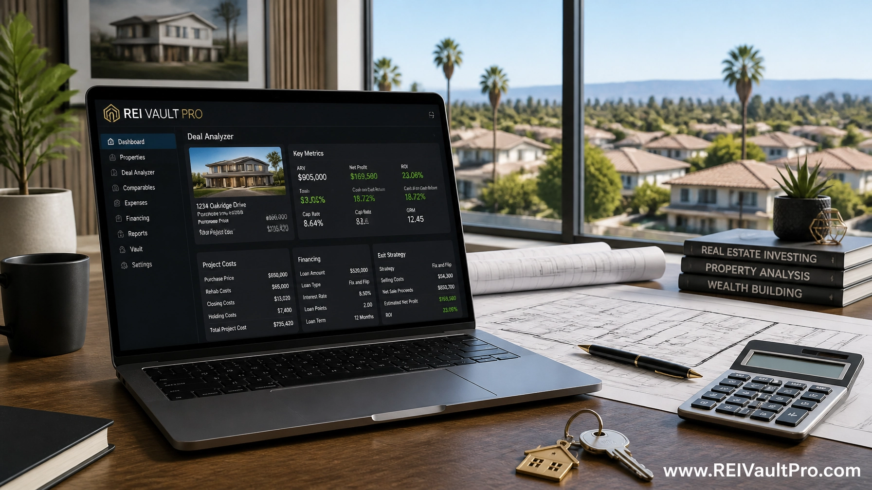 Modern home office with a laptop displaying REI Vault Pro software alongside house keys and blueprints.