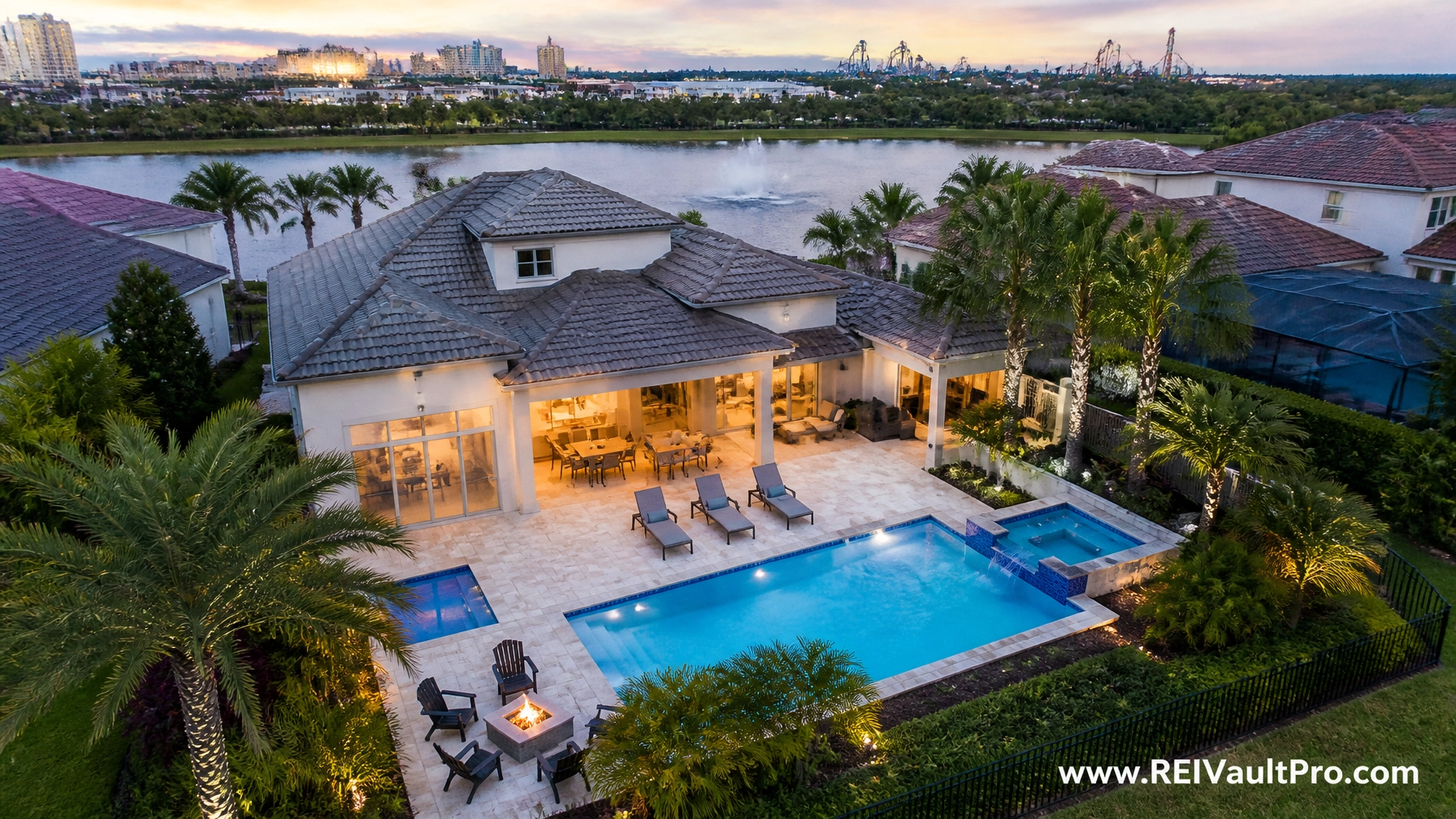 Aerial view of an Orlando vacation rental property with a pool