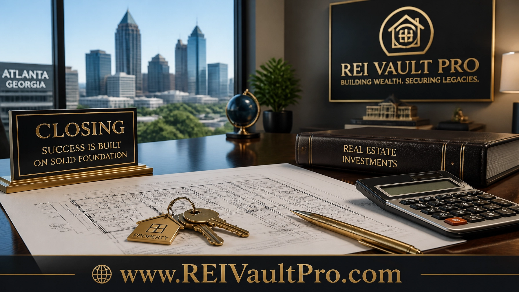 Professional real estate closing scene with blueprints and property keys in an Atlanta setting