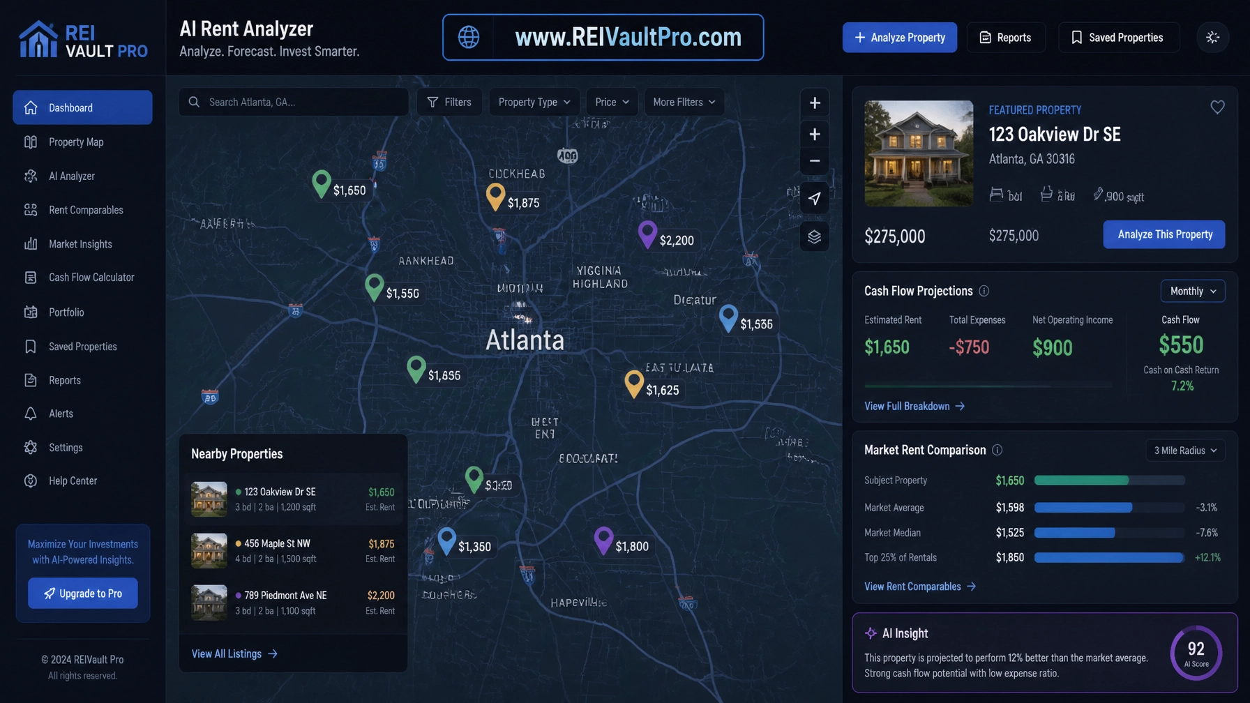 Sleek software interface for an AI Rent Analyzer tool showing Atlanta market data