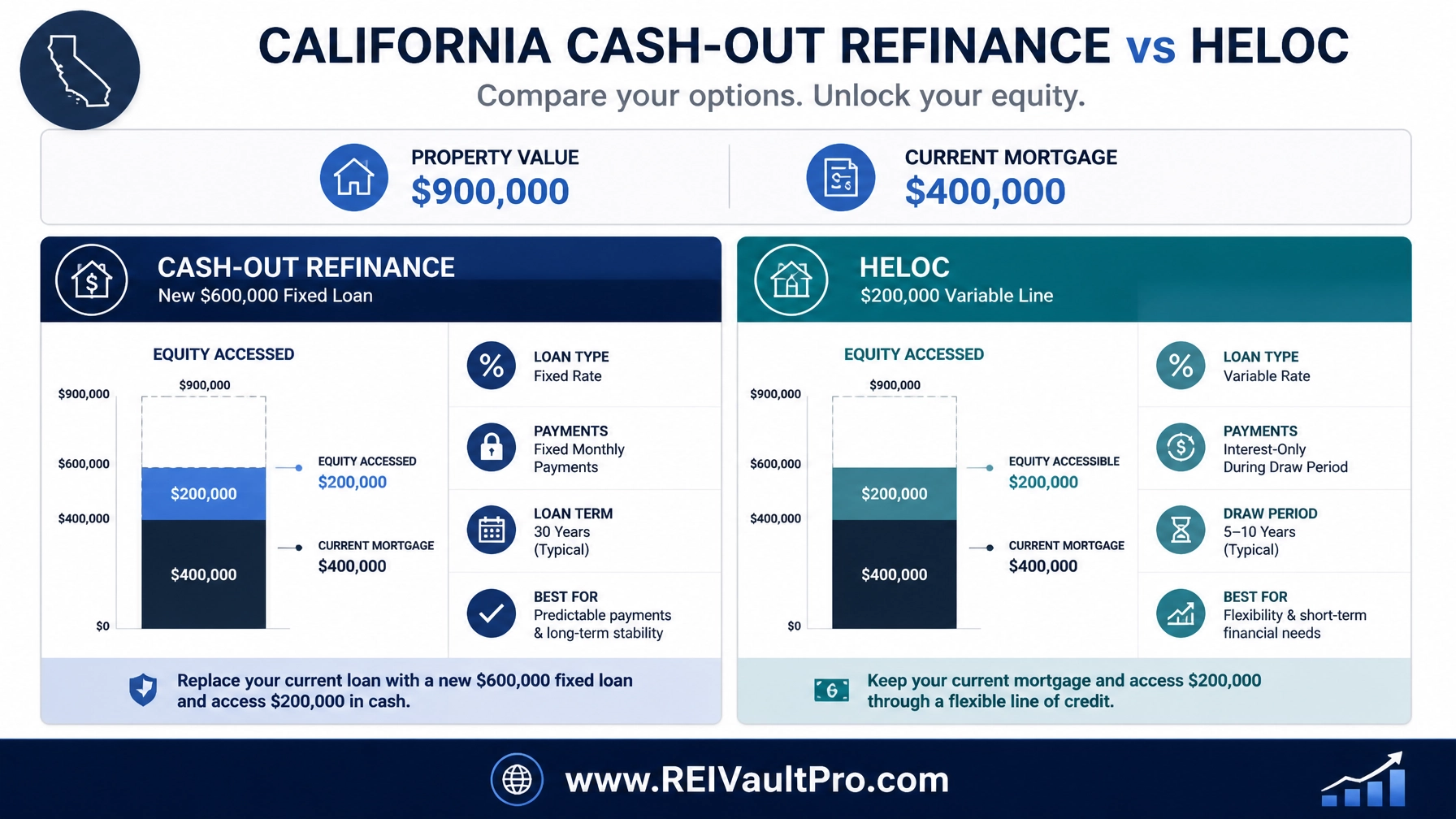 Financial dashboard comparing a California Cash-Out Refinance vs a HELOC