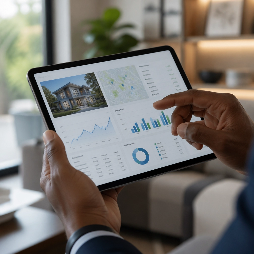 A professional real estate investor using a tablet to analyze a property deal