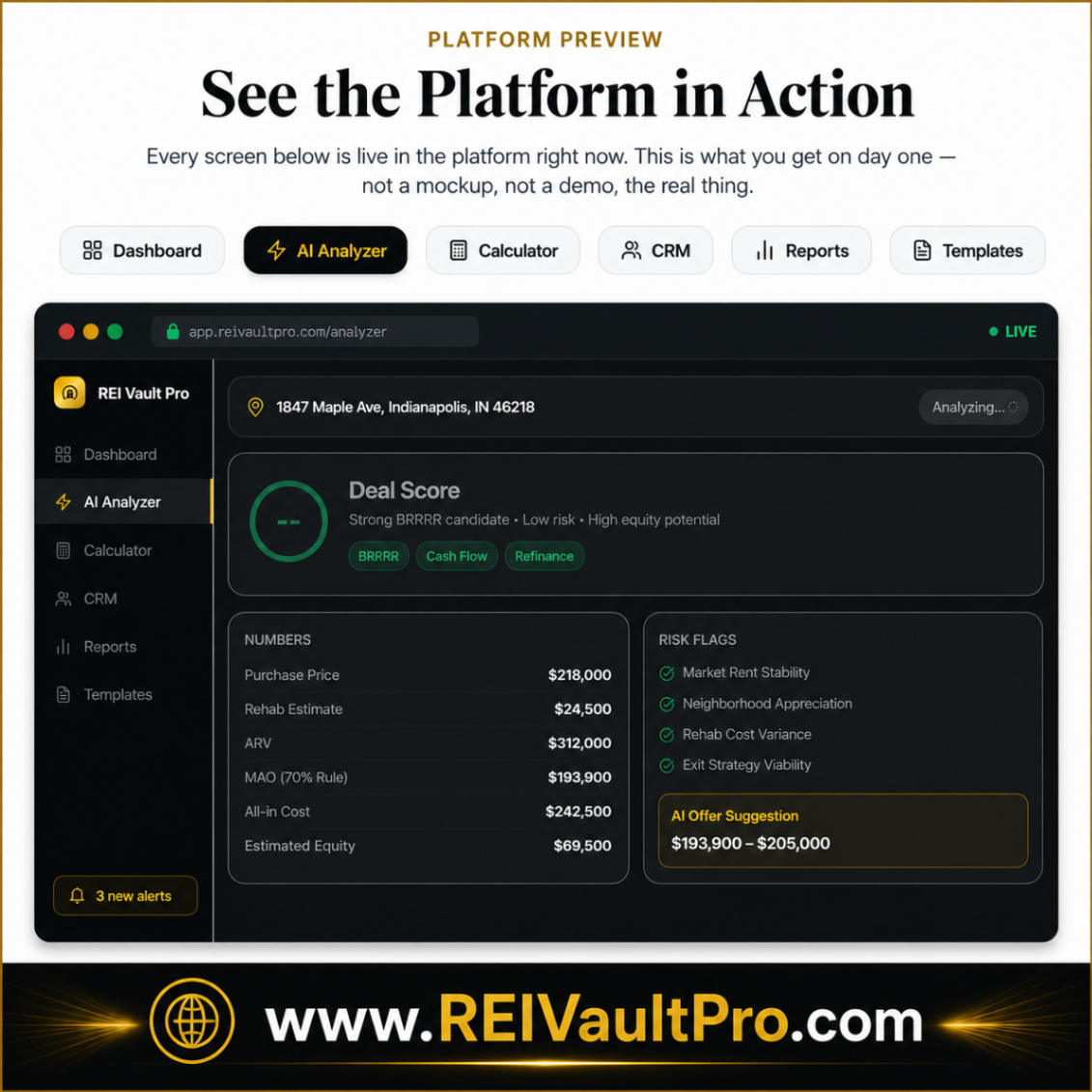 REI Vault Pro - Analyzer graphic displaying detailed real estate investment metrics