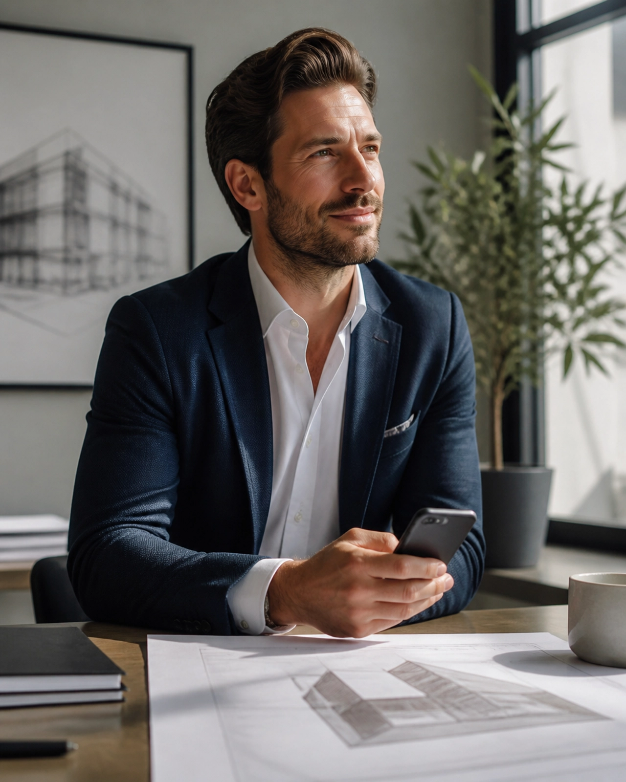 A professional real estate investor in a sunlit office holding a smartphone