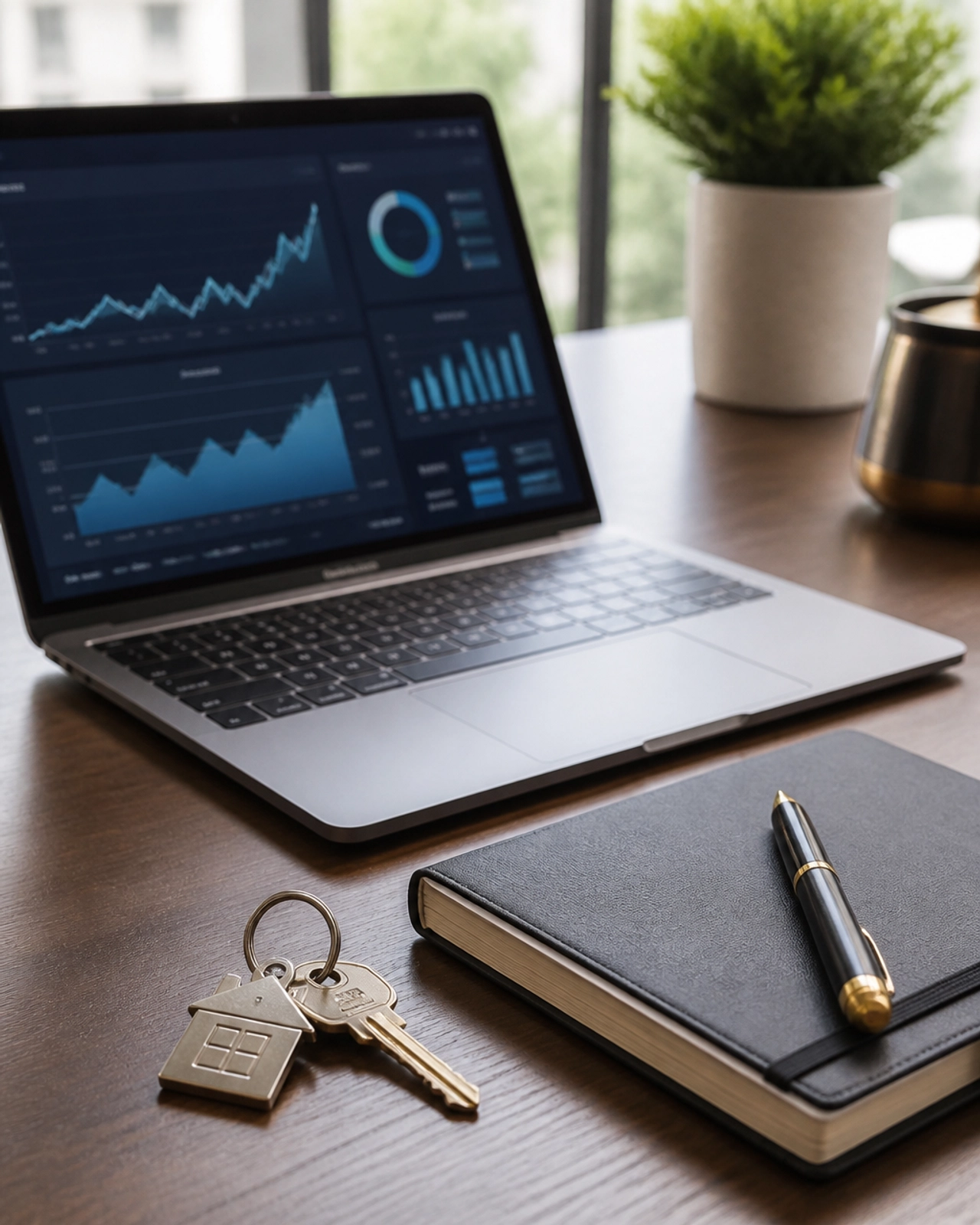 Professional desk setup with a laptop showing financial data and house keys