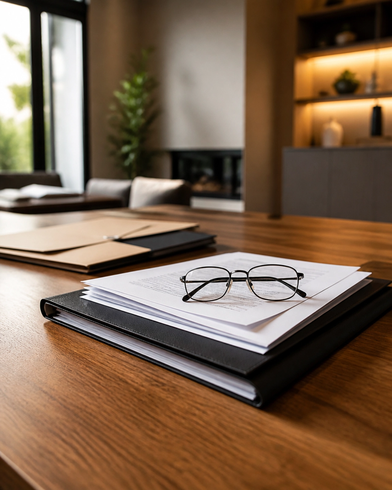 A stack of professional real estate legal documents and folders on a wooden table