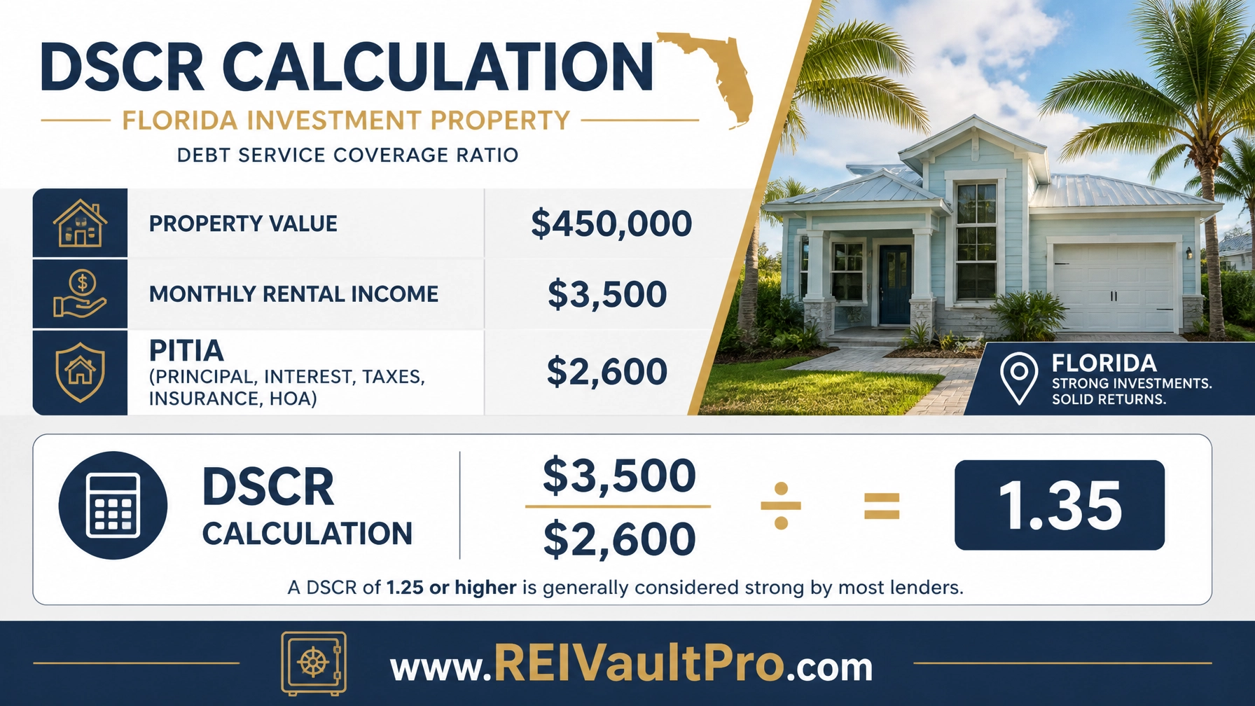 Financial infographic showing a DSCR calculation for a Florida property